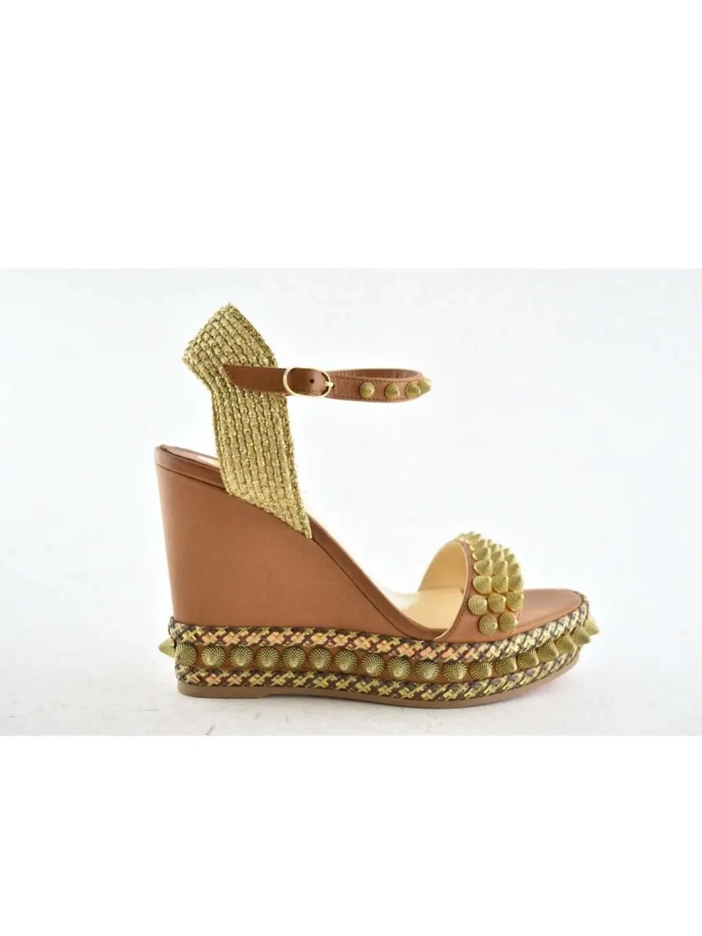 Christian Louboutin Cordorella 110 Brown Gold Studs Platform Wedge Sandal Heel - Picture 2 of 6